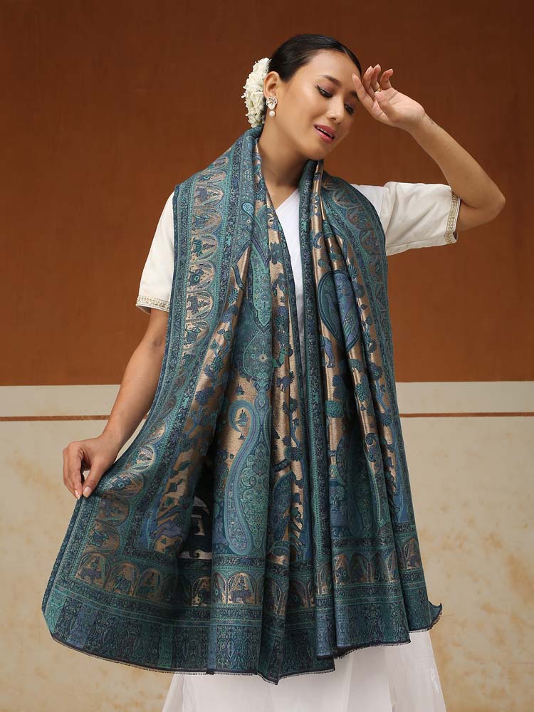 Chitralekha Kalamkari Zari Shawl - Neelab, Gold