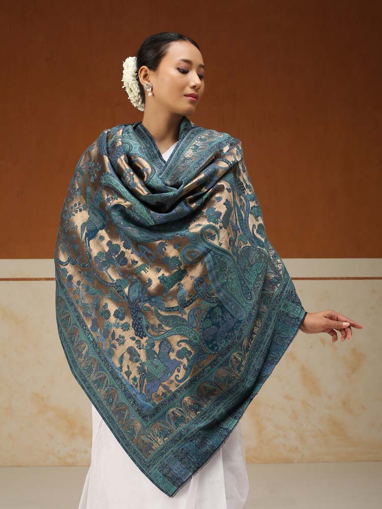 ImageChitralekha Kalamkari Zari Shawl – Neelab, Gold