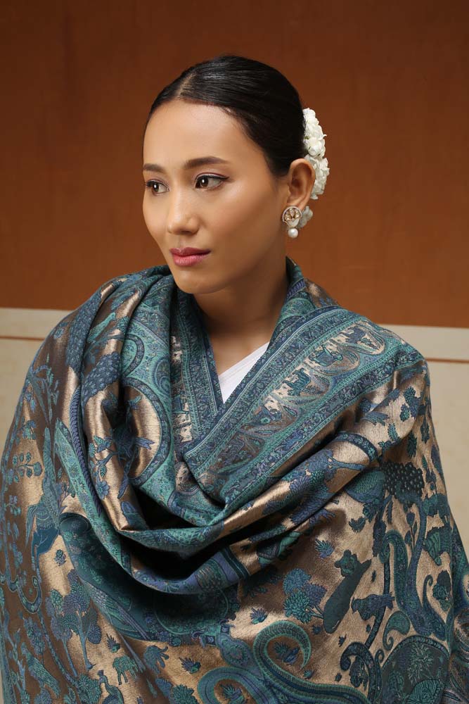 ImageChitralekha Kalamkari Zari Shawl – Neelab, Gold