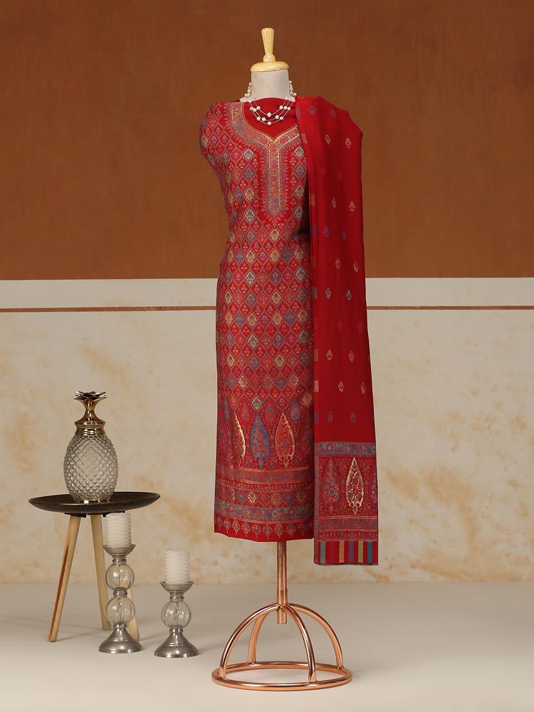 ImageAmbi Bahaar Kani Woolen Suit Set – Tomato Red
