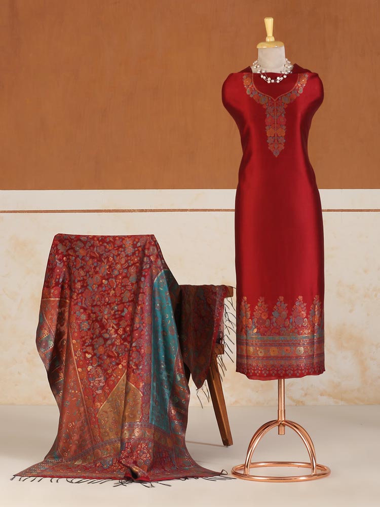 Kinari Gul Lux Silk Suit Set - Maroon Red