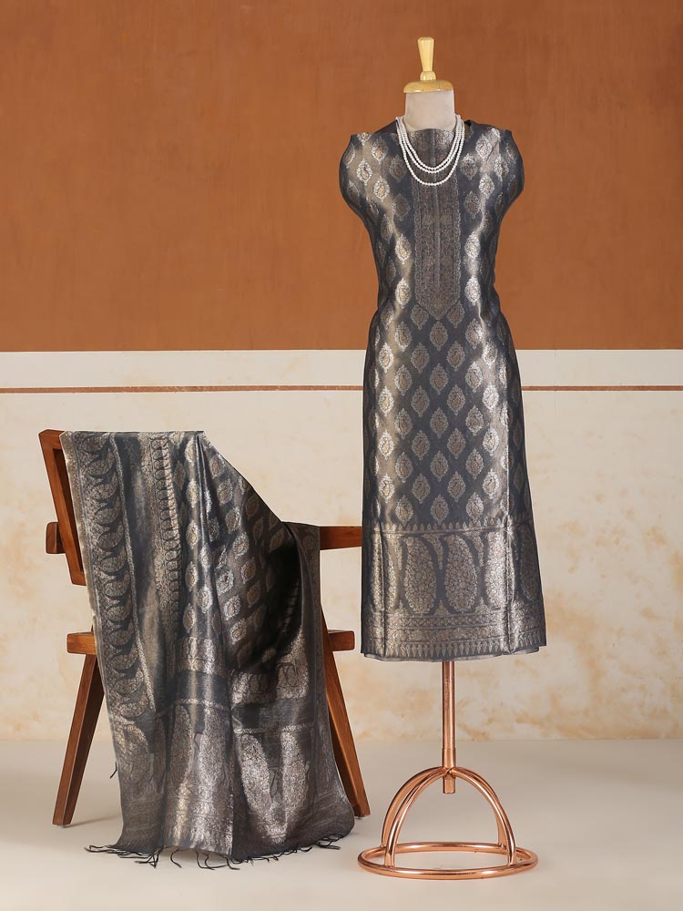 ImageAmbikaar Palla Organza Silk Suit Fabric – Granite Blue