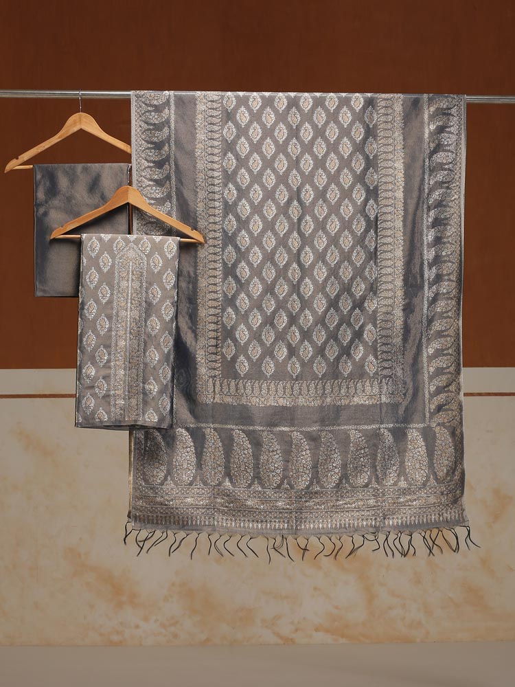 ImageAmbikaar Palla Organza Silk Suit Fabric – Granite Blue