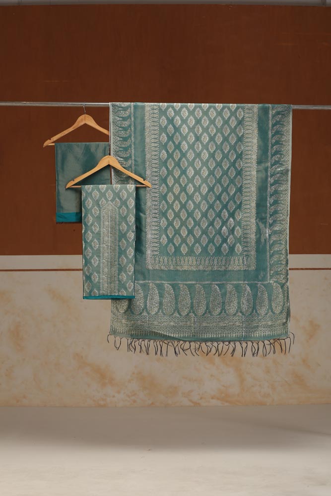 ImageAmbikaar Palla Organza Silk Suit Fabric – Mint Gold