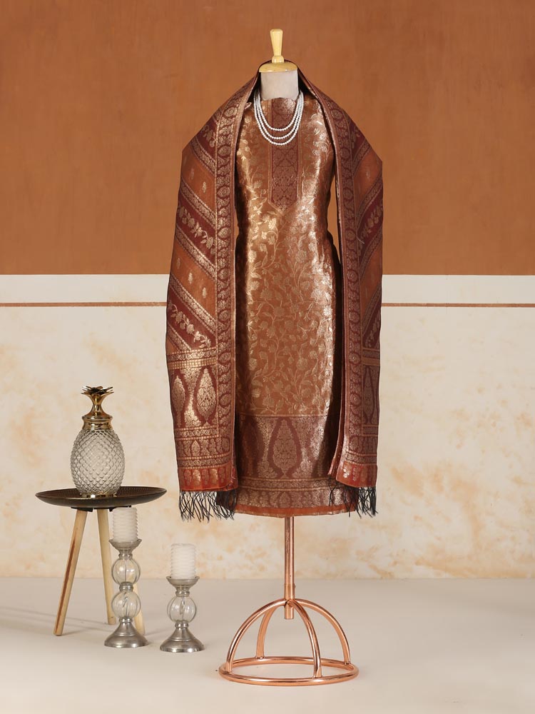 ImageSwarna Jaal Kani Silk Suit Fabric – Espresso Brown