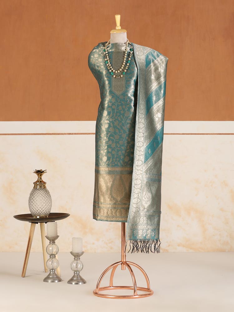 Swarna Jaal Kani Silk Suit Fabric - Teal Gold