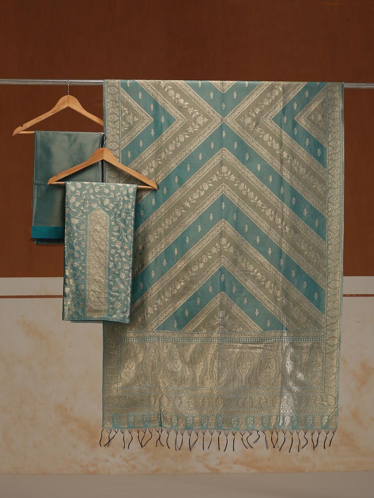 ImageSwarna Jaal Kani Silk Suit Fabric – Teal Gold