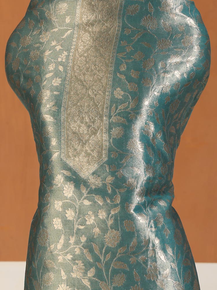 ImageSwarna Jaal Kani Silk Suit Fabric – Teal Gold
