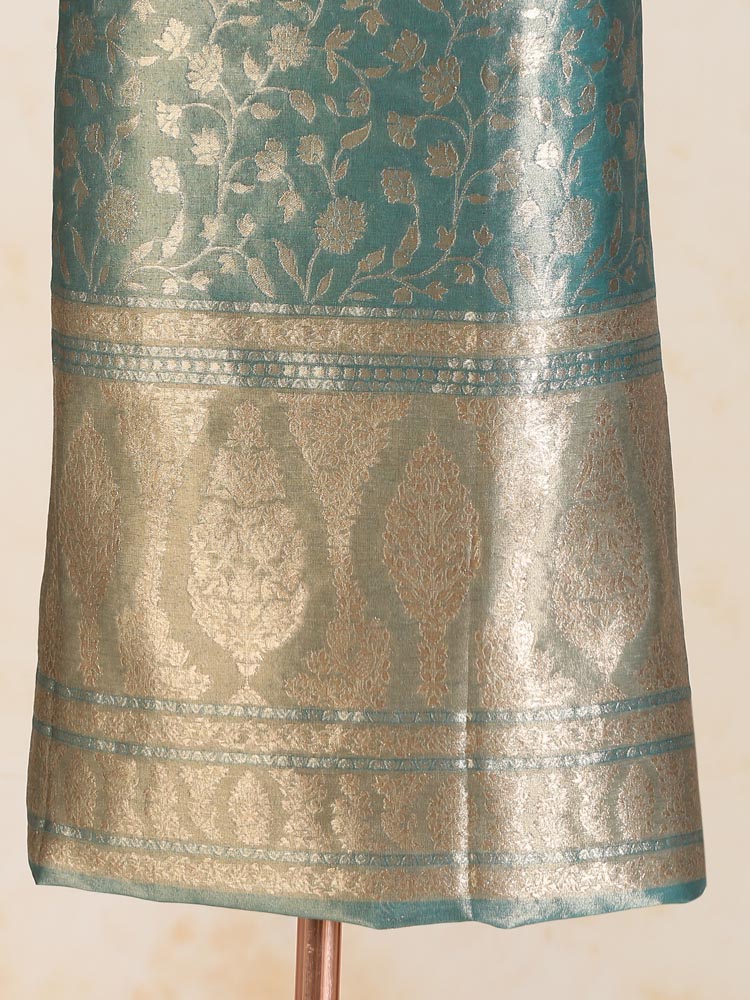 ImageSwarna Jaal Kani Silk Suit Fabric – Teal Gold