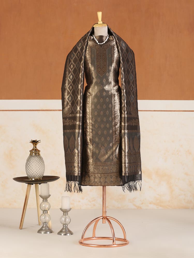 Swarna Jaal Kani Silk Suit Fabric - Mocha Gold