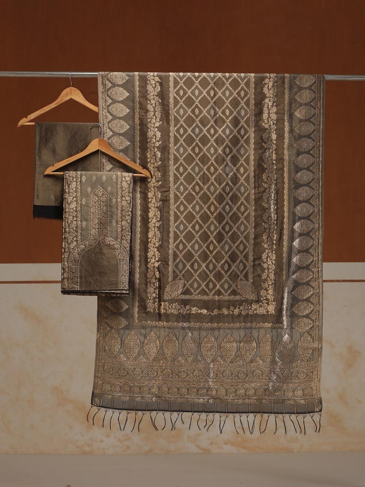 ImageSwarna Jaal Kani Silk Suit Fabric – Mocha Gold