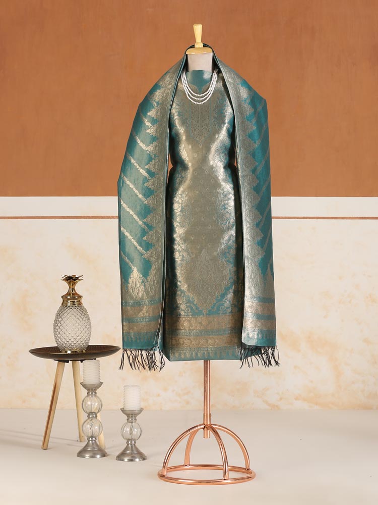 Swarna Jaal Kani Silk Suit Fabric - Jade Gold