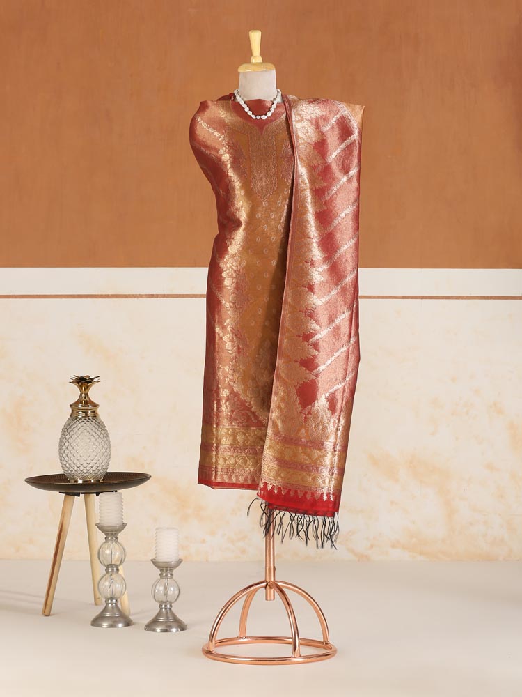 ImageSwarna Jaal Kani Silk Suit Fabric – Tangerine Gold