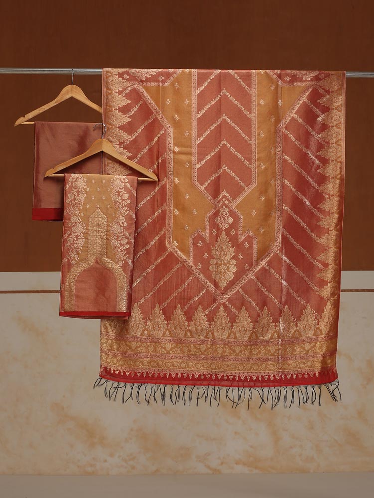 ImageSwarna Jaal Kani Silk Suit Fabric – Tangerine Gold