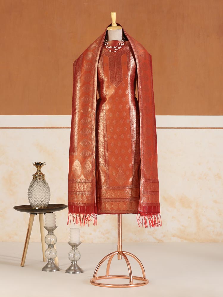 Swarna Jaal Kani Silk Suit Fabric - Sienna Gold