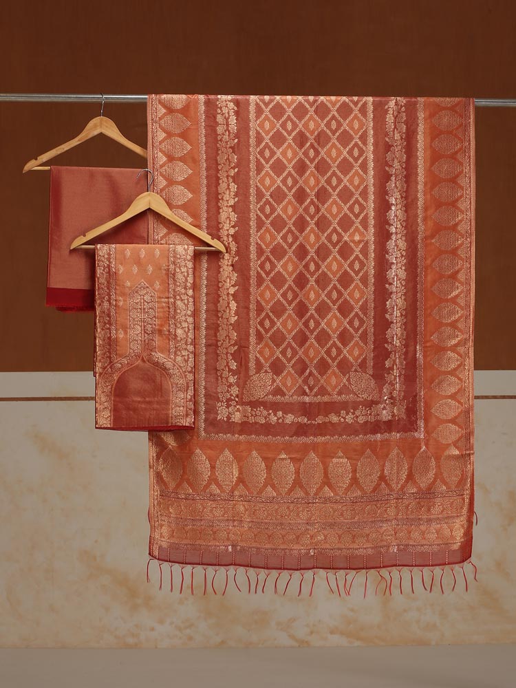 ImageSwarna Jaal Kani Silk Suit Fabric – Sienna Gold