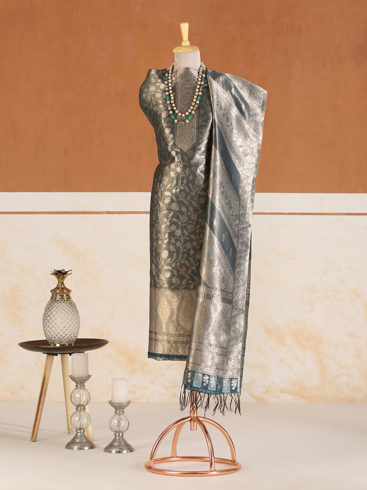 Swarna Jaal Kani Silk Suit Fabric - Gunmetal Gold