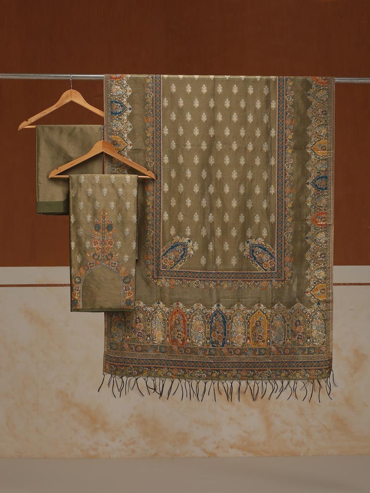 ImageShehzaadi Bagh Kani Silk Suit – Mehendi Gold