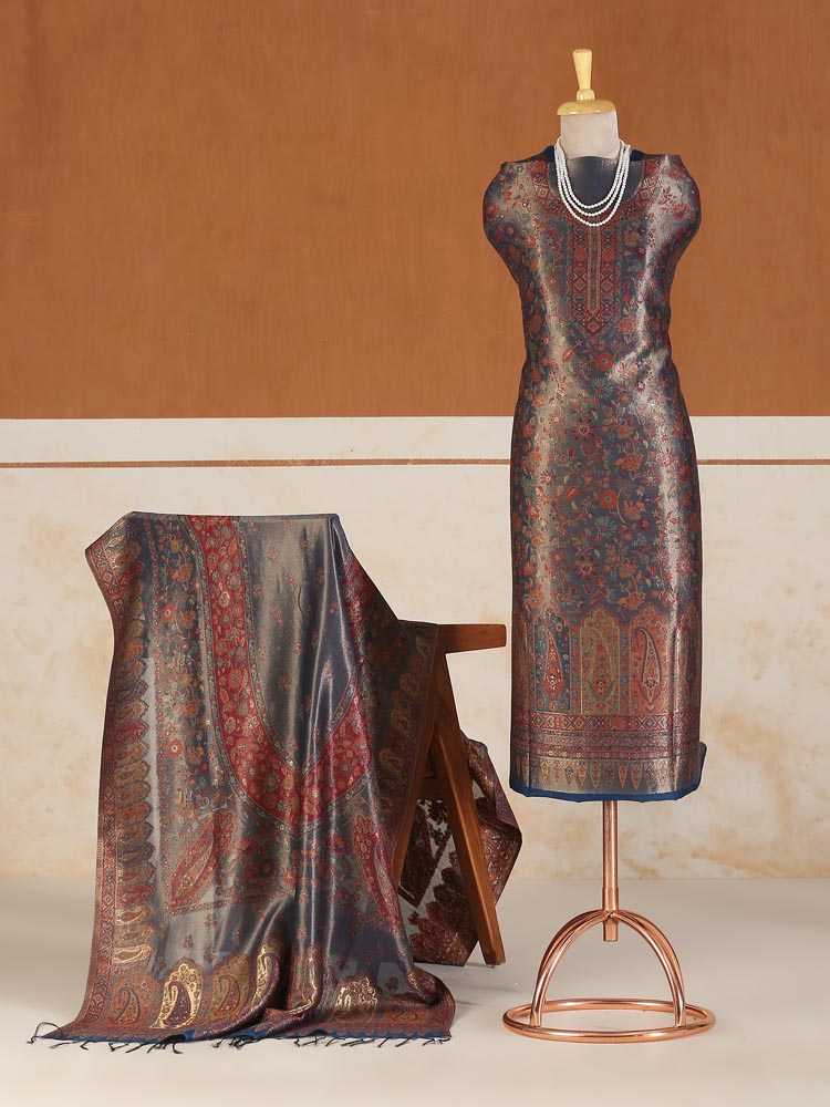 Eimaan Paisley Kani Silk Suit Fabric - Fossil, Multi