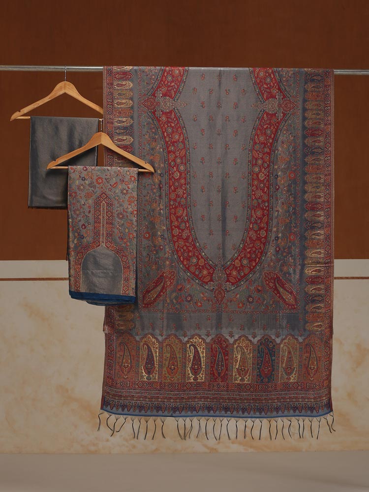 ImageEimaan Paisley Kani Silk Suit Fabric – Fossil, Multi