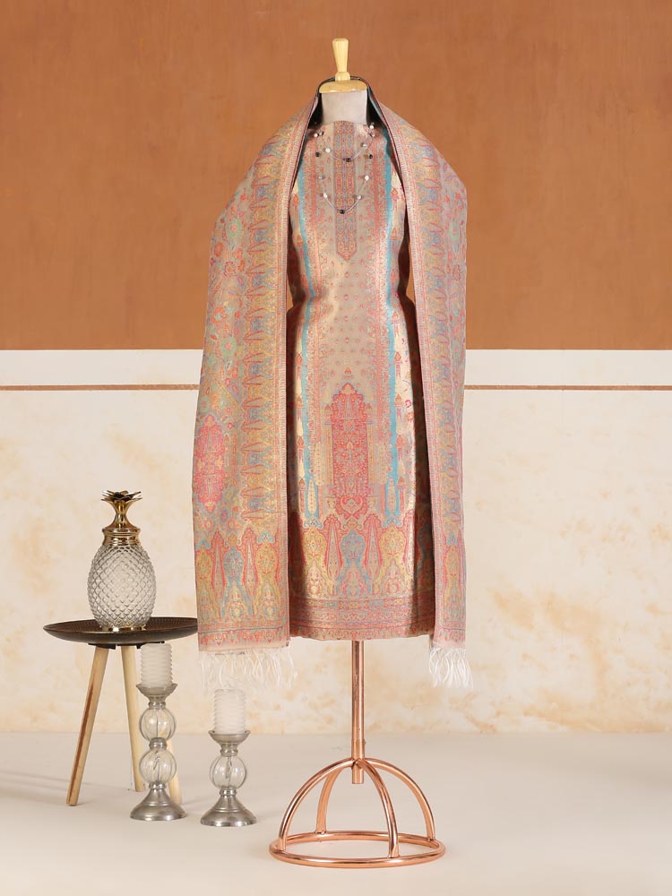 Eimaan Paisley Kani Silk Suit Fabric - Gold, Beige