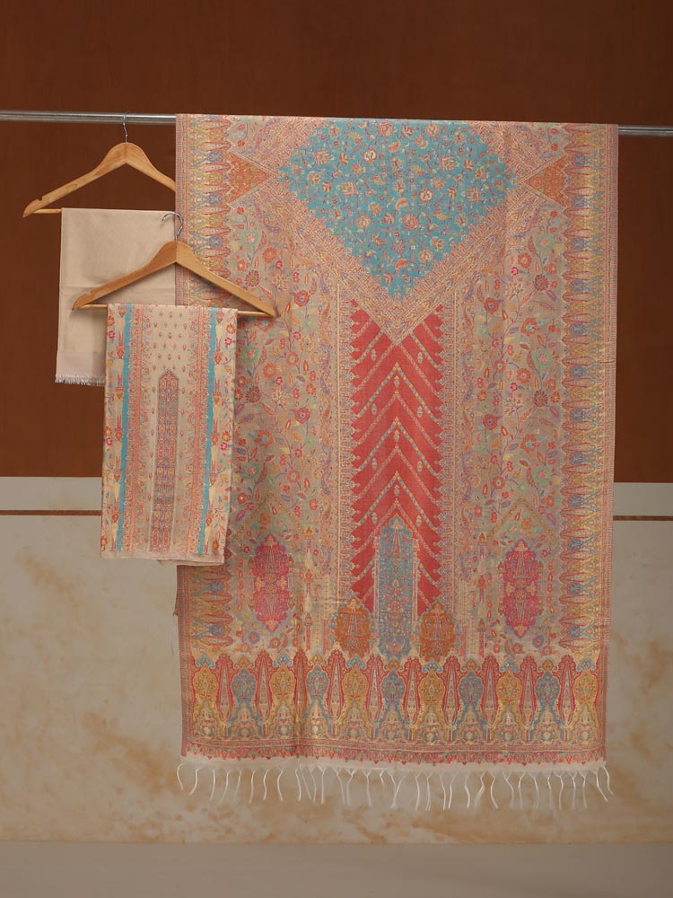 ImageEimaan Paisley Kani Silk Suit Fabric – Gold, Beige