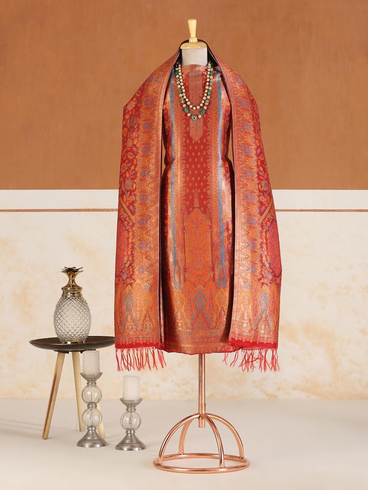 ImageEimaan Paisley Kani Silk Suit Fabric – Surkh Red