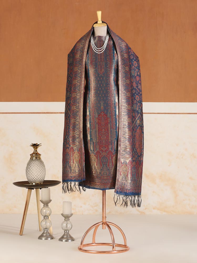 Eimaan Paisley Kani Silk Suit Fabric - Navy, Grey