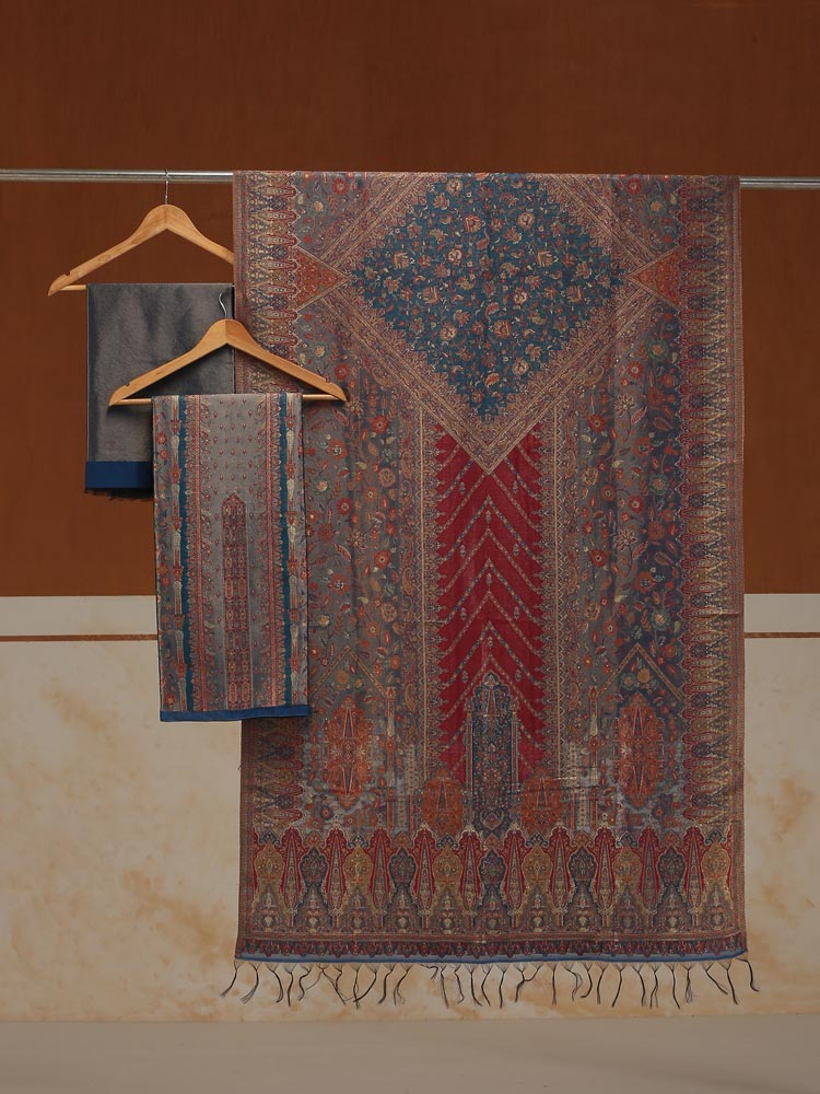 ImageEimaan Paisley Kani Silk Suit Fabric – Navy, Grey