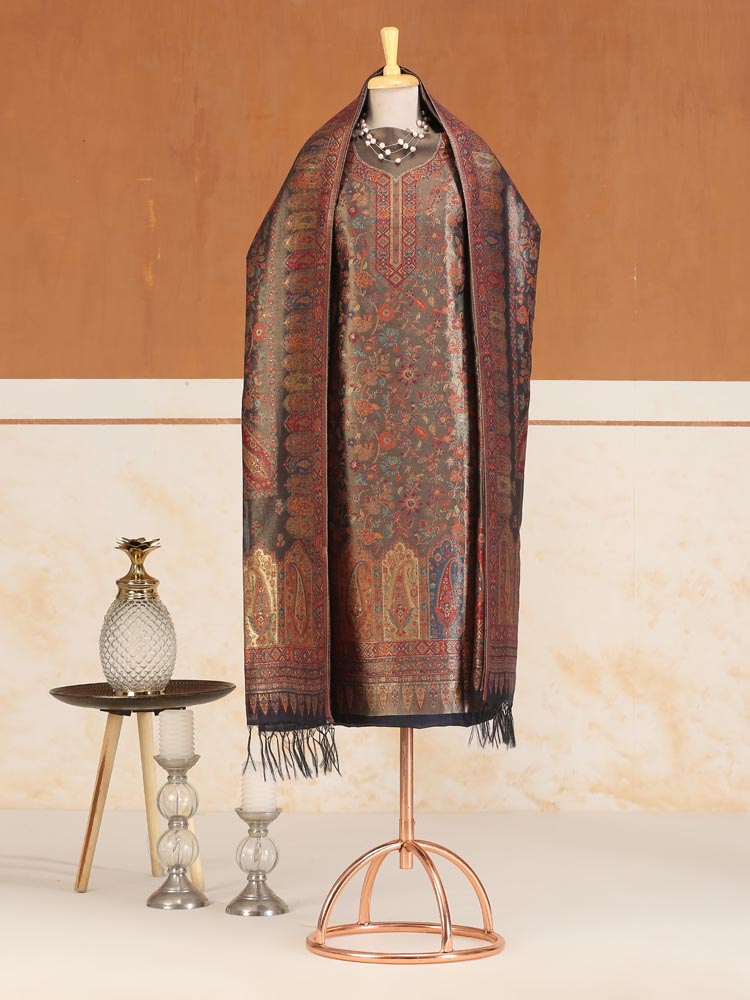 Eimaan Paisley Kani Silk Suit Fabric - Brushed Bronze