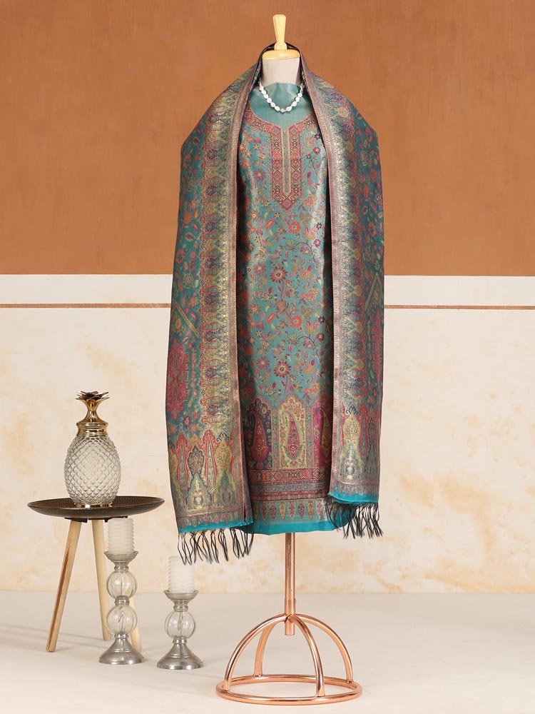 Eimaan Paisley Kani Silk Suit Fabric - Jewel Teal