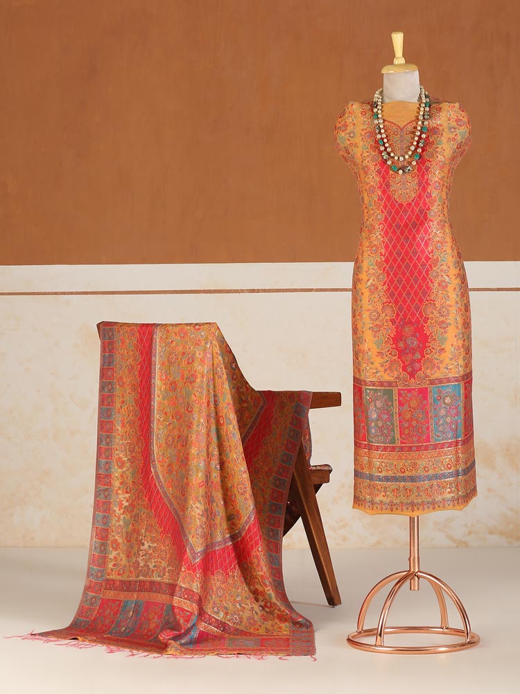 ImageViri Phool Palla Unstitched Kani Suit Set – Papaya Gold