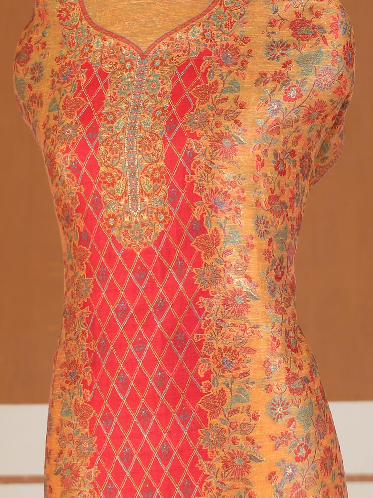 ImageViri Phool Palla Unstitched Kani Suit Set – Papaya Gold