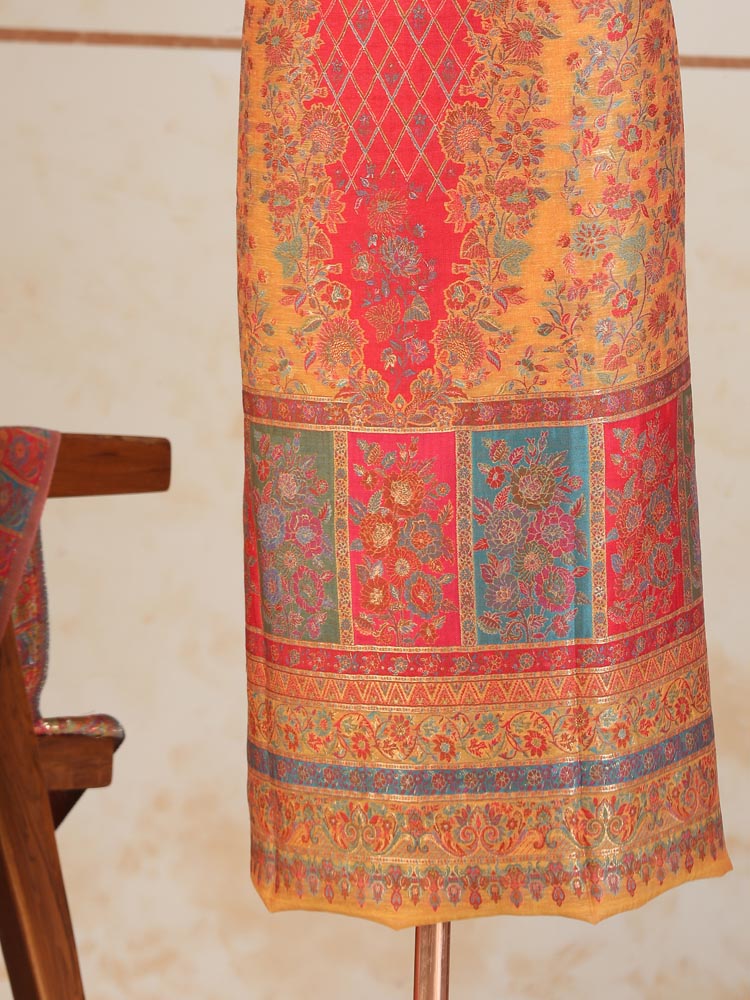 ImageViri Phool Palla Unstitched Kani Suit Set – Papaya Gold