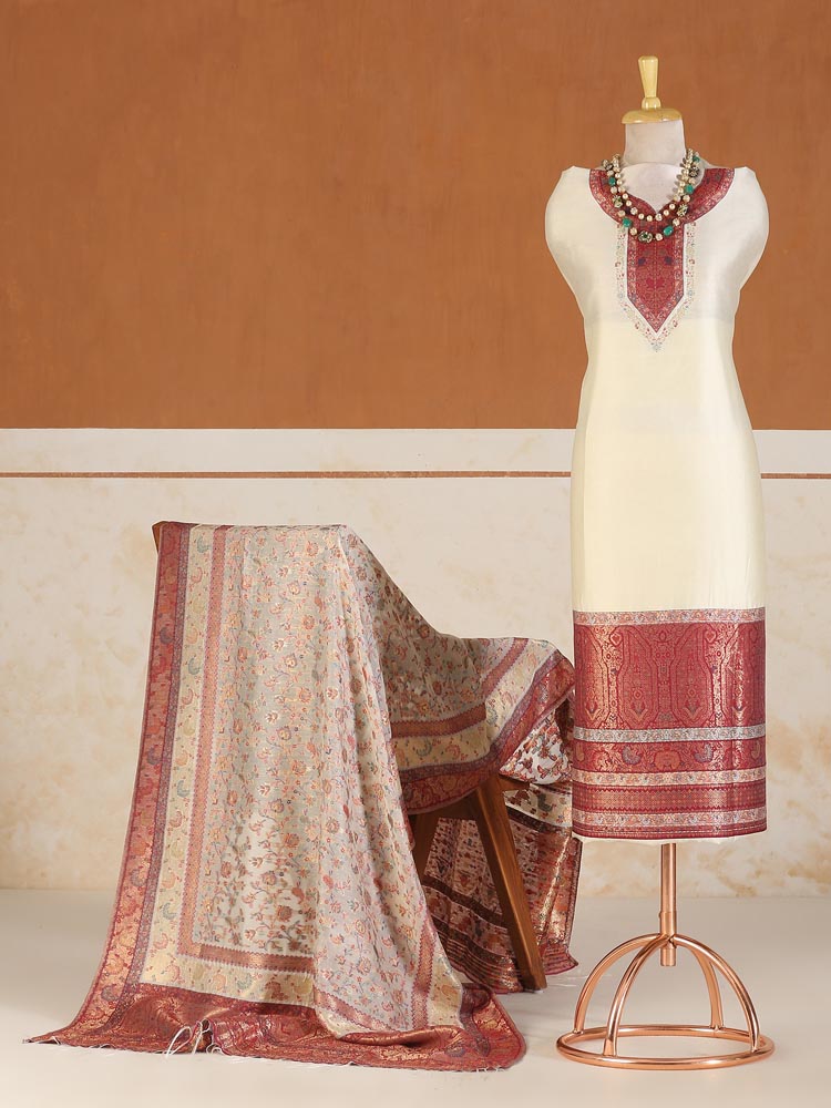 ImageKashmiri Ambi Palla Suit Fabric – Red, Offwhite