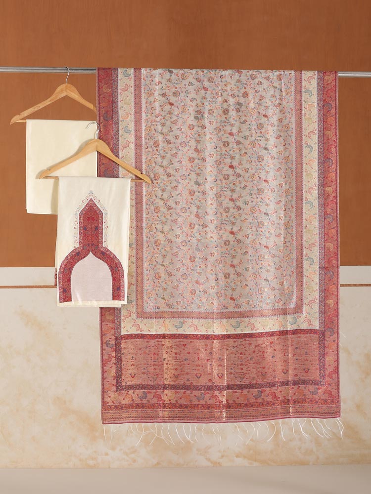 ImageKashmiri Ambi Palla Suit Fabric – Red, Offwhite