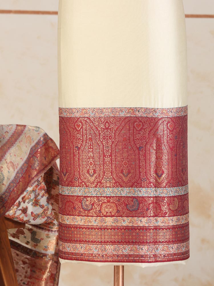 ImageKashmiri Ambi Palla Suit Fabric – Red, Offwhite