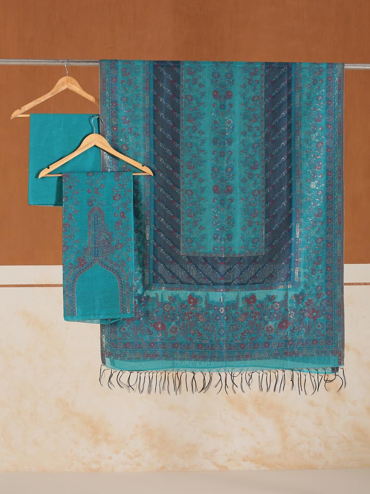 ImageRoshan Rangrez Kani Unstitched Suit – Teal Blue