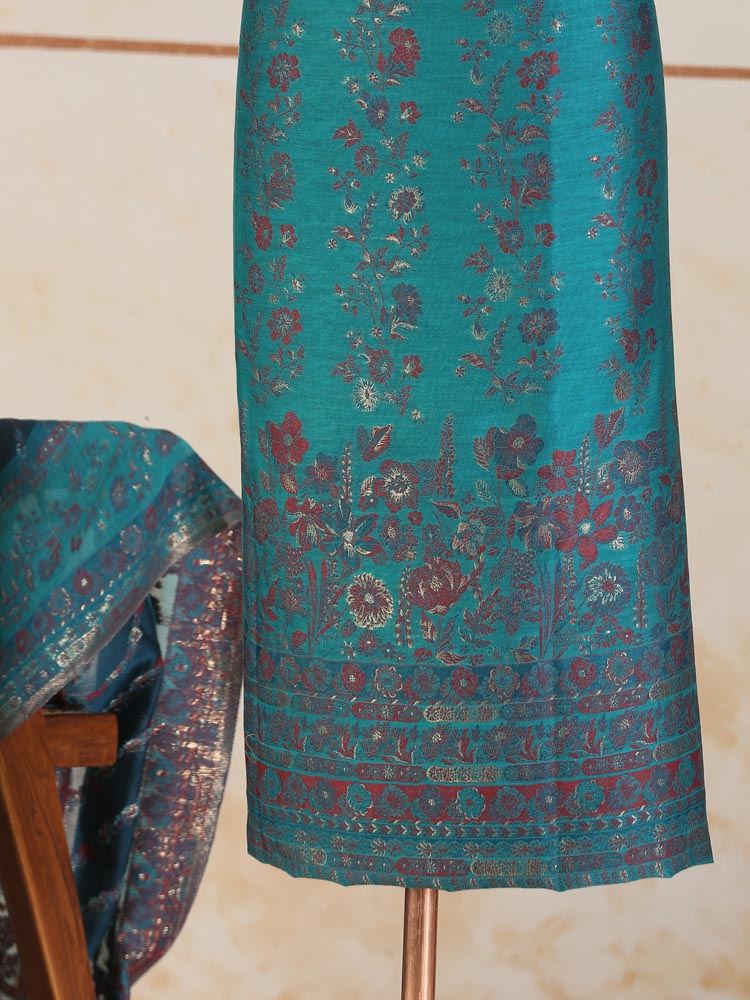 ImageRoshan Rangrez Kani Unstitched Suit – Teal Blue