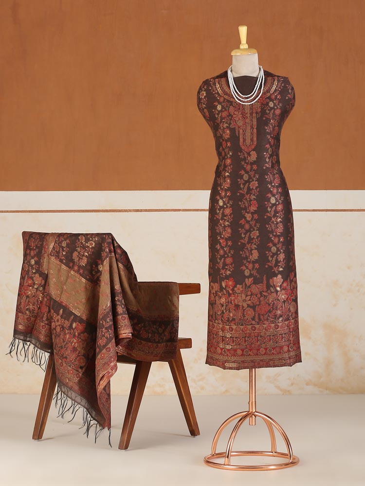 ImageRoshan Rangrez Kani Unstitched Suit – Vintage Brown