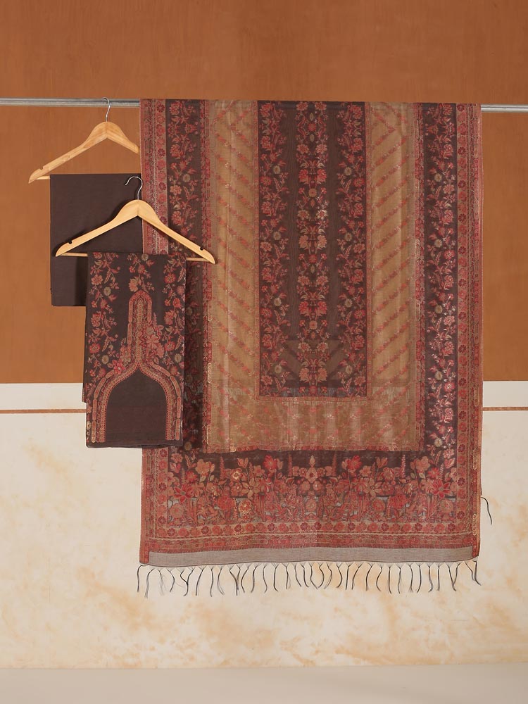 ImageRoshan Rangrez Kani Unstitched Suit – Vintage Brown