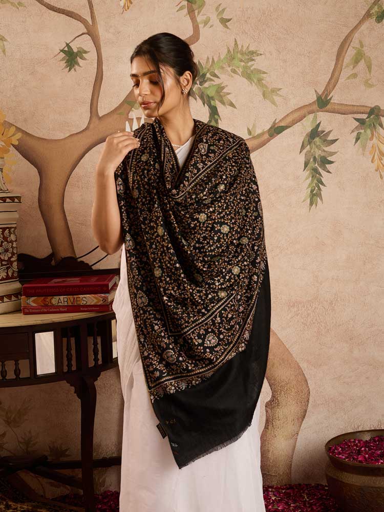 ImageHandloom Pashmina Phool Jaal Pashmina Shawl – Multi, Black