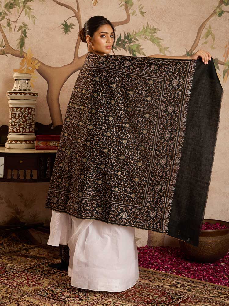 ImageHandloom Pashmina Phool Jaal Pashmina Shawl – Multi, Black