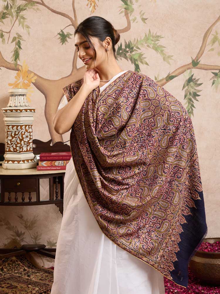 ImageBoteh Rangin Handloom Pashmina Sozni Shawl – Navy Multi