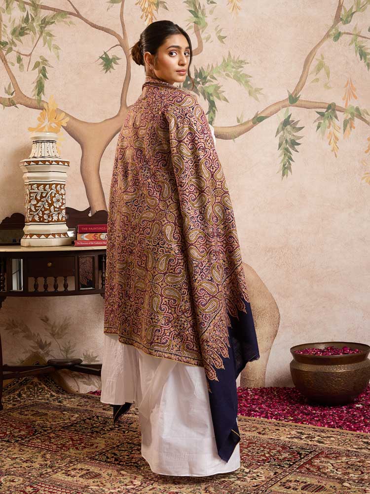 ImageBoteh Rangin Handloom Pashmina Sozni Shawl – Navy Multi