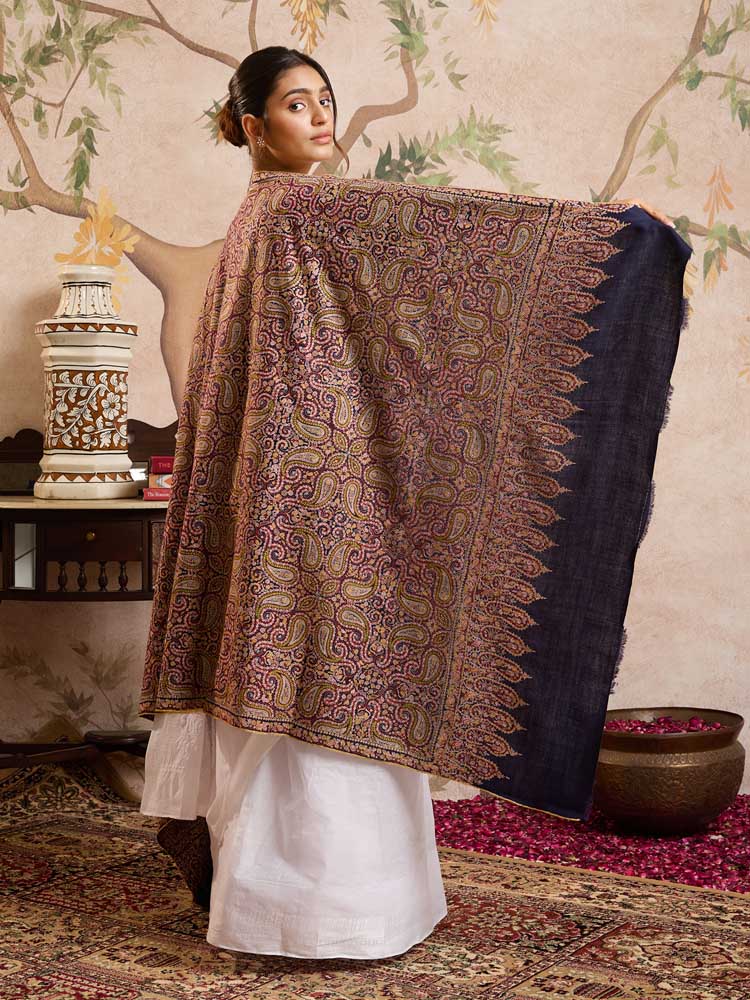 ImageBoteh Rangin Handloom Pashmina Sozni Shawl – Navy Multi