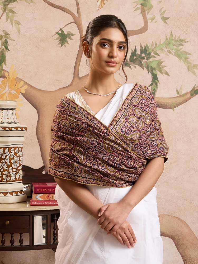 ImageBoteh Rangin Handloom Pashmina Sozni Shawl – Navy Multi