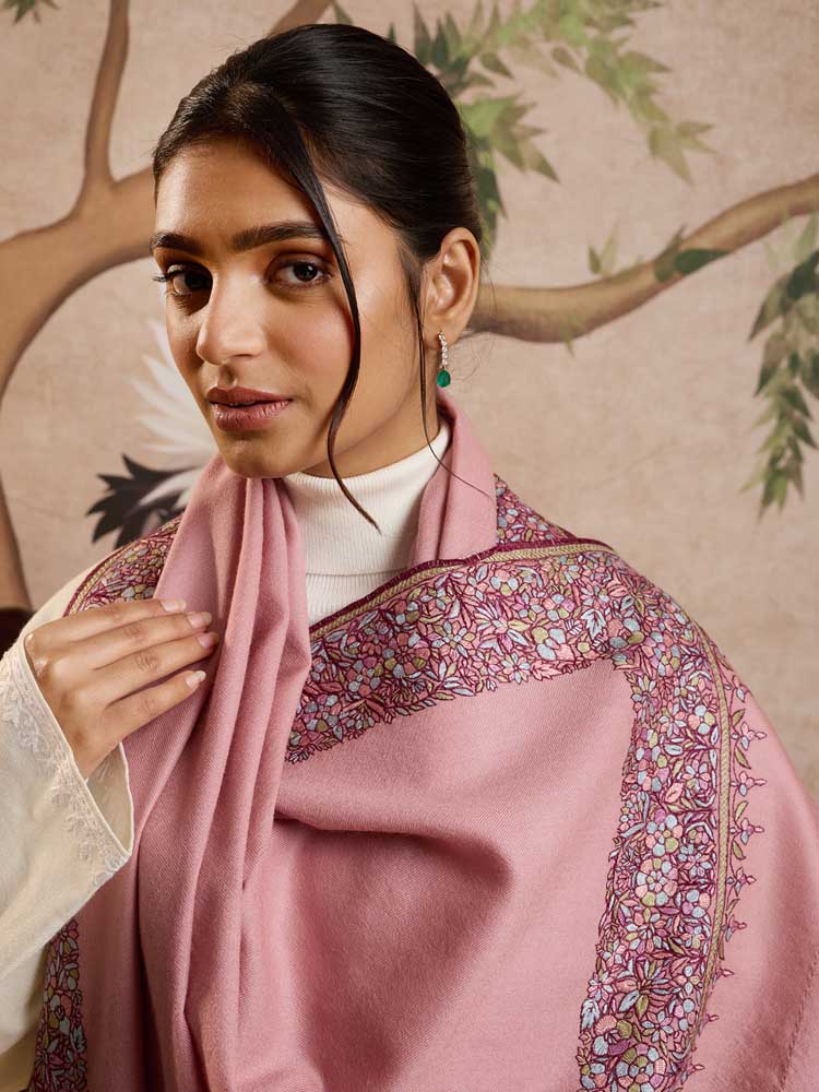 ImagePure Wool Ari Embroidery Dordaar Shawl – Rose Pink