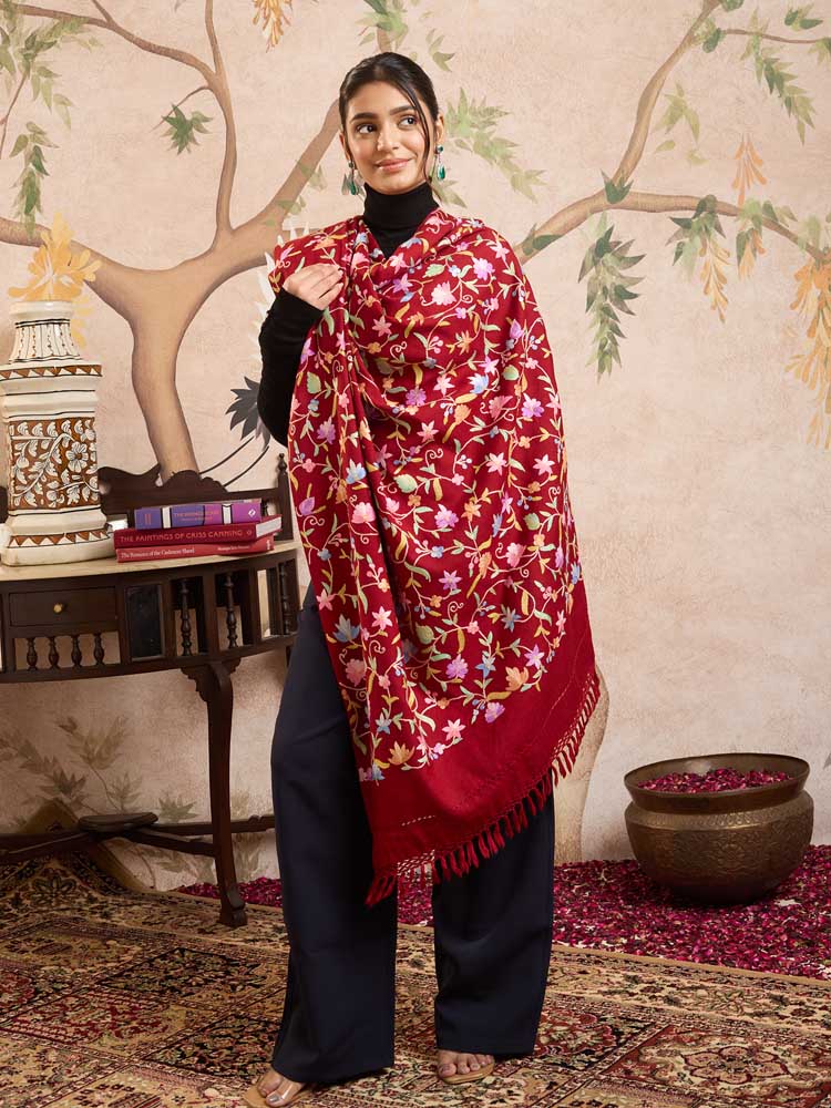 ImageAri Jaaldaar Hand Embroidery Shawl – Crimson Red
