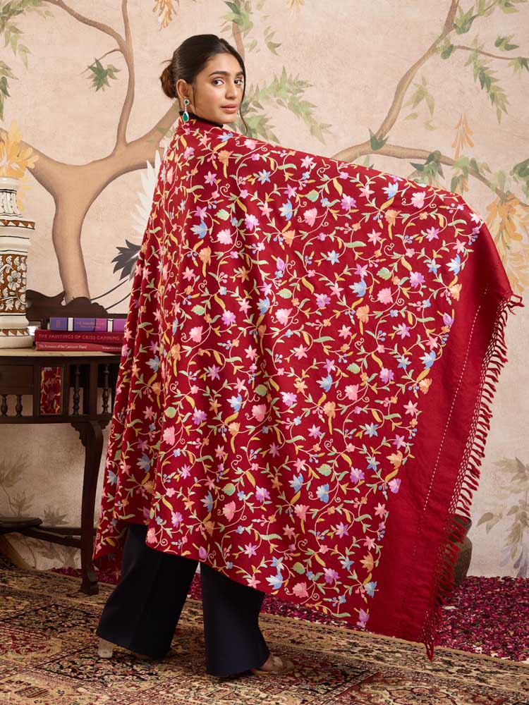ImageAri Jaaldaar Hand Embroidery Shawl – Crimson Red